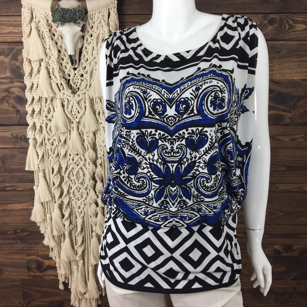 Alfani | Patterned Ruched Drop Waist Open Drape Blouse - Picture 6 of 9